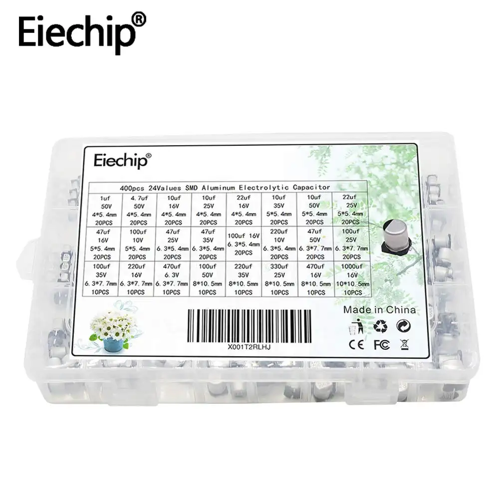 Eiechip 400 unids/lote 1uF-1000uF 24 valores Kit surtido electrolítico <span class=keywords><strong>condensador</strong></span> SMD <span class=keywords><strong>condensador</strong></span> electrolítico de aluminio