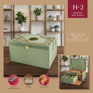 Handcrafted <b>Box</b> Series 13.5x10x7.5 Inch Green Wooden <b>Gift</b> <b>Box</b> with 16 Cavity 4 Jars and Dryfruit Potli Handmade Rectangle Design - Product Image 4