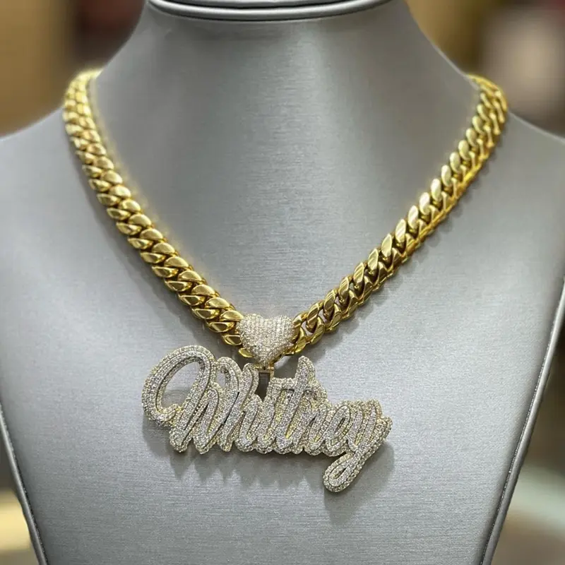 Hip Hop Jewelry Mens Miami Cuban Chain Custom Name Initial Clasp 925 Sterling Silver VVS Moissanite Diamond Pendant