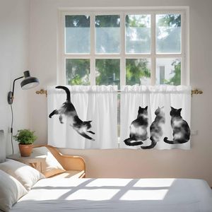 Rideaux courts à volants motif <span class=keywords><strong>chat</strong></span> noir et blanc pour salle de bain, au-dessus de l'évier, petite cuisine, 2 panneaux - Product Image 2