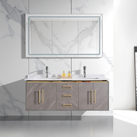 Meuble-lavabo moderne en contreplaqué pour salle de bain, style ferme, avec miroir LED mural, vasque en pierre, design écologique et étanche