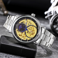 Montre mécanique automatique de luxe pour homme avec cadran à phase lunaire dorée, bracelet en acier, montres-bracelets en verre Relogio Masculino