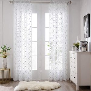 Cortina transparente con estampado geométrico para sala de estar, tela de tul <span class=keywords><strong>blanco</strong></span> a cuadros de lujo, con bolsillo de varilla dorada <span class=keywords><strong>y</strong></span> <span class=keywords><strong>plata</strong></span> de aluminio, estilo americano - Product Image 2