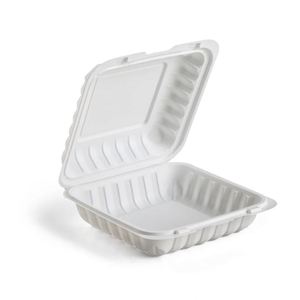 Paquete de 150 Contenedores Desechables de 8 Pulgadas, Blancos Transparentes, con Cierre Frontal, 4 Ventilaciones, 1 Compartimento, Ecológicos - Product Image 1