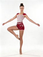 Costume de danse 2 pièces pour femmes adultes, OEM ODM, rayures rouges et blanches, paillettes, Spandex/Nylon, manches courtes, dos torsadé, short, scène