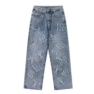 HuiLi OEM High Street Herren Baggy Jeans Straight Leg Letter Patch Gestickte benutzer definierte gestapelte Jeans