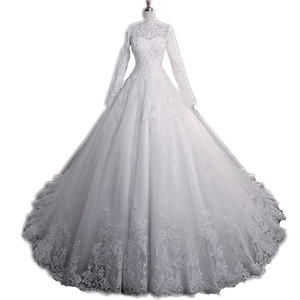 New Heavy-duty Long-<b>sleeved</b> Summer Lace Bride Stand-up Collar Chapel Train Royal Bohemian Floral Pattern White Wedding Dress - Product Image 5