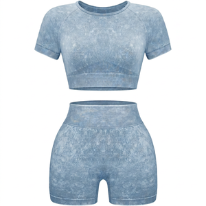 Conjunto de Yoga para Mujer, Top Corto y Pantalones Cortos de Cintura Alta, Azul Sólido, Spandex y Poliéster, Transpirable, Sin Costuras, 2 Piezas - Product Image 1