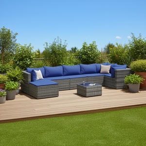 Gray Poly Rattan Patio Lounge Set With <b>Cushions</b> 8 <b>Person</b> Outdoor Furniture Contemporary Modern Design - Product Image 2