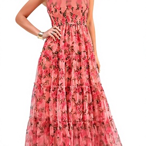 Elegante Vestido Maxi de Gasa con Estampado Floral y Mariposas para Verano, Cuello Cuadrado, Silueta en A, Transpirable, con Busto Fruncido para Mujer - Product Image 4