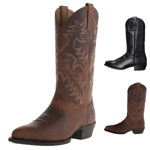 Custom embroidered high-heeled knee-high western leather boots for men