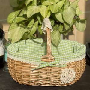 Rattan <b>Basket</b> Oval With Handles Cotton Lining Storage <b>Basket</b> For Fruit Vegetable Neatening - Product Image 1