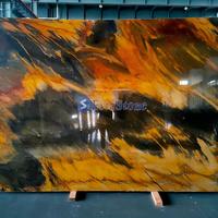 Dalle de quartzite Jacaranda Fire polie, motif tourbillon noir, orange et doré, pour îlot de cuisine, bar, meuble-lavabo, mur décoratif, table, villa, hôtel