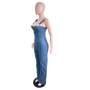 Combinaisons pour femmes en denim sexy à bretelles spaghetti, bouton sur le devant, décontractées, <span class=keywords><strong>pantalon</strong></span> large à jambes droites, tenue <span class=keywords><strong>de</strong></span> soirée, <span class=keywords><strong>combinaison</strong></span> une pièce - Product Image 6