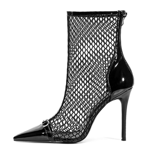Bottes courtes d'été pour femme, grande taille 46, à talons fins, en cuir verni, avec boucle de ceinture, style sexy, montantes à la cheville, en maille, pour robe d'été - Product Image 2