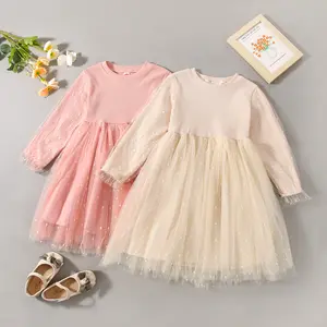 New Kids Clothing Toddler Girls Spring Autumn Knitted Patchwork Gauze Skirt Dress Long Sleeve Tulle Princess Dress for Kids