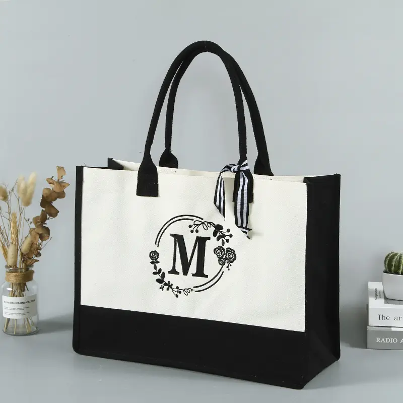 Initial Tote Canvas Beach Bags Monogrammed Gift Tote Bag for Women