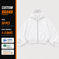 Sweat-shirt homme 100% coton molletonné 450 GSM, coupe oversize, uni, avec fermeture éclair, blanc, brodé de logos, long, de haute qualité.