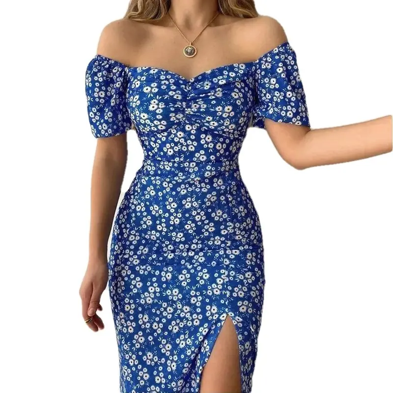 Europese En Amerikaanse 2022 Zomer Vrouwen Nieuwe Schouder-Gratis Blue Print Slim Casual Dress