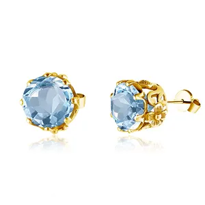 Antique Dubai Round Aquamarine Engagement Real 100% 925 Sterling Silver women earrings gold plted 18k jewelry