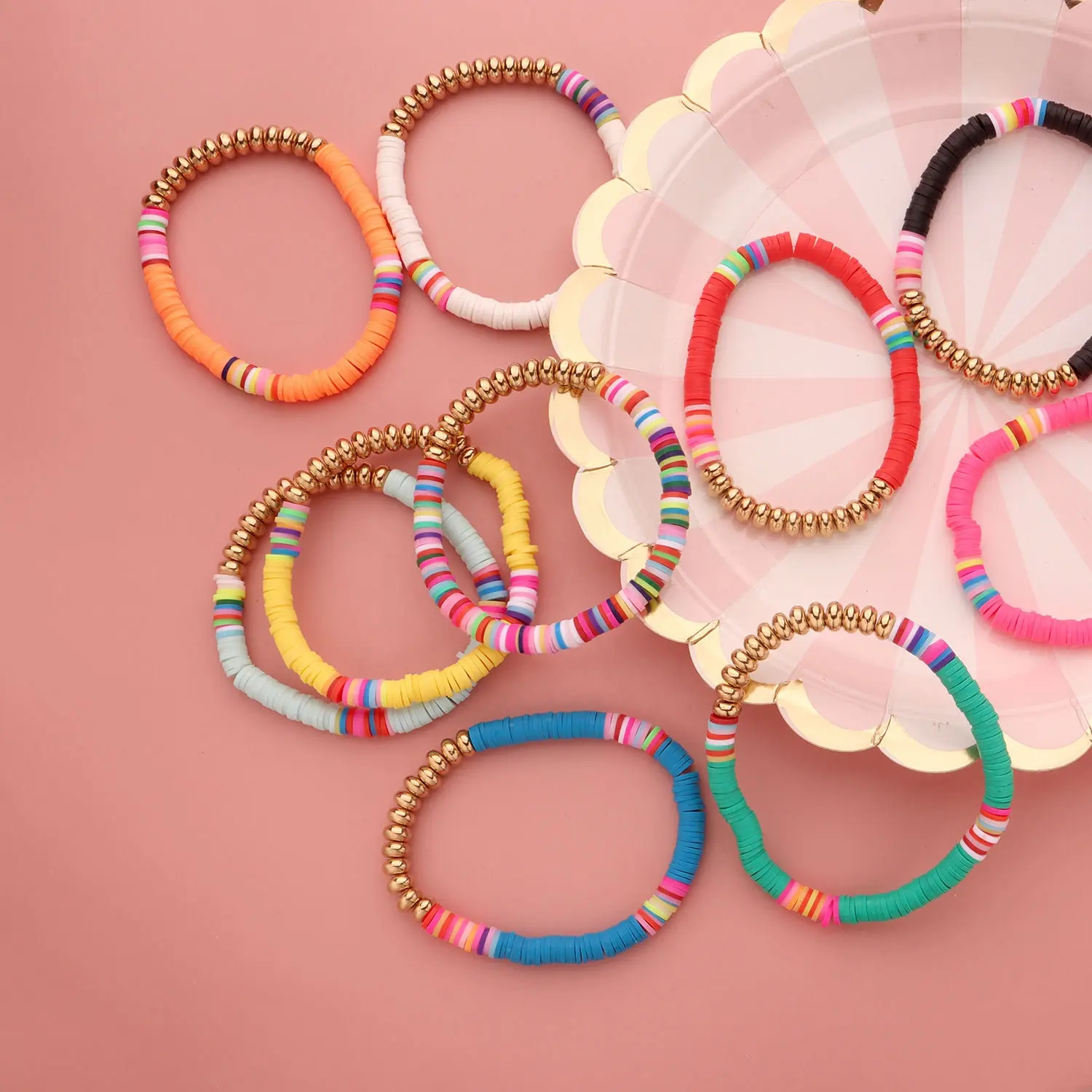 Pulseira feminina maleável, bracelete estampado colorido com contas soltas, disco de polímero macio, argila e pulseira