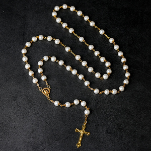 Set di Rosari Classici con Perline in Vetro Bianco e Collane con Perline Placcate <span class=keywords><strong>Oro</strong></span> per Regalo Cattolico - Product Image 3