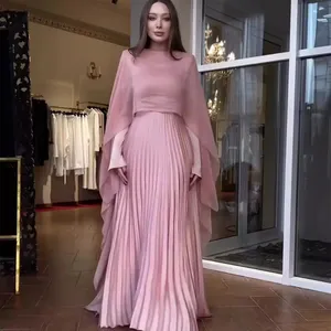 New Prom Dresses 2024 Pink Pleated Long Dress With Shawl Women Elegant Evening Party Wedding Dresses Dubai Abaya Robe Muslim