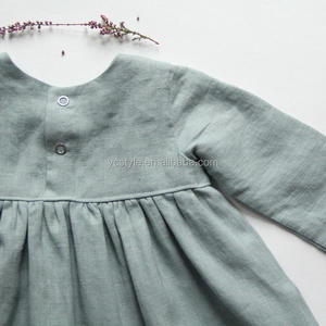 Vestido de Bautizo para Bebé Niña, Color Gris Sólido, Lino, Mangas Largas, Volantes, Cuello Redondo, Lino Prelavado, Silueta de Sirena, Otoño - Product Image 5