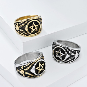 Men's Titanium Steel Pentagram <b>Ring</b> Steel And Gold Two Tone Star Shape Gift Jewelry - Product Image 5
