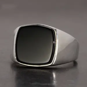 Natural Agate Black Stone Square New Glossy Minimalist Men Jewelry Sterling Silver Rings