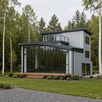 Maison conteneur portable en structure acier avec espace de vie sur deux niveaux, terrasse sur le toit et escalier