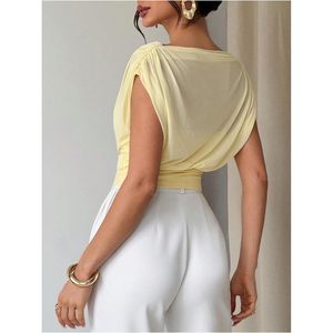 FOXA Top corto de malla ligero con capa drapeada y cintura fruncida para mujer, elegante y casual para el verano - Product Image 2