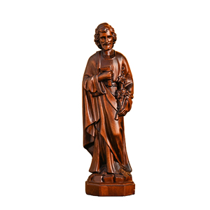 Statue en <span class=keywords><strong>bois</strong></span> sculptée à la main de Saint Joseph, figurine ronde complète avec bâton de lys, ornement de table chrétien catholique rustique - Product Image 1