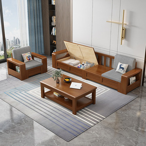 Chinese Style Solid Wood Sofa Set L-Shaped <b>Storage</b> Living Room Furniture Modern Minimalist Fabric Sofa for Small Apartment - Product Image 3