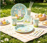 Kit de fournitures de fête jetables sur le thème de Pâques pour la célébration, comprenant des assiettes, des gobelets et des serviettes colorées sur le thème de Pâques