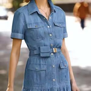 Nouvelle Arrivée Robe Longue en Jean de Qualité Supérieure pour l'Été, Style Affaires Noble, Col Rabattu, Délavée à l'Acide, Modeste - Product Image 2