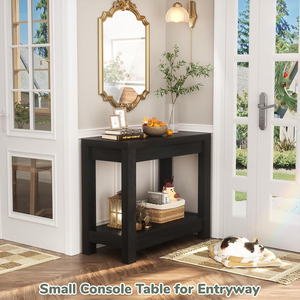 Black 2-Tier Farmhouse Narrow End <strong>Table</strong> with Storage Shelf, <strong>Slim</strong> Sofa <strong>Table</strong> for Living Room - Product Image 4