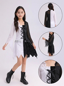 ชุดคอสเพลย์นางฟ้าสีดำและสีขาวสไตล์โกธิคสำหรับเด็กผู้หญิง - ชุดฮาโลวีนผ้าโพลีเอสเตอร์พร้อมแขนเสื้อโปร่ง - Product Image 6