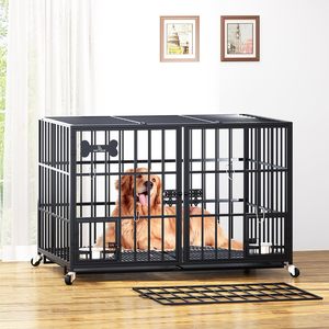 Aboxoo XL kandang anjing 48/42 inci besar ganda Medium anjing tugas berat Kennel logam roda dalam ruangan lantai Grid Tray pembagi makan - Product Image 6