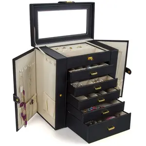 Boîte à bijoux en bois à 5 couches avec miroirs, étui à bijoux en cuir de haute qualité personnalisé