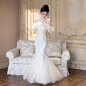 Champagne Evening Gown Women Halter Neck Mermaid Dress Ruffles Natural Waistline Coming Of Age Ceremony Elegant Formal Wear - Product Image 2