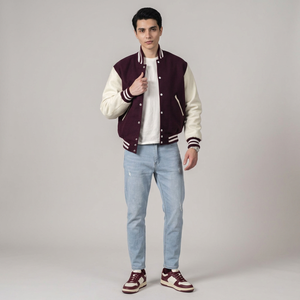 Veste universitaire pour homme, bordeaux et blanc, veste de baseball personnalisée, veste bomber universitaire avec manches en cuir PU, fabricant OEM - Product Image 1