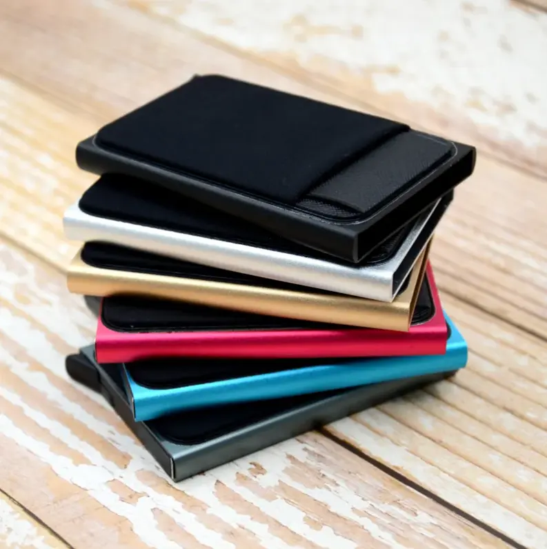 Ön cep RFID engelleme erkekler için karbon Fiber Metal cüzdan deri telefon kartı tutucu kart tutucu Metal deri cüzdan