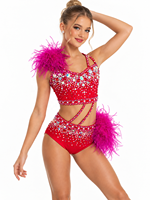 Costume de danse personnalisé avec plumes et strass rouges pour femmes et filles, ensemble deux pièces, haut court et culotte taille haute, tenue de scène pour compétition