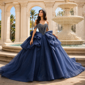 Robe de bal Quinceañera 261119 bleu marine brillant, col cœur, ornée de perles et de cristaux, taille naturelle, écologique - Product Image 1