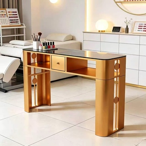 Salon Dedicated Glass <b>Nail</b> Desk Beige Style Single Double Person <b>Nail</b> <b>Table</b> & Chair Combo - Product Image 4