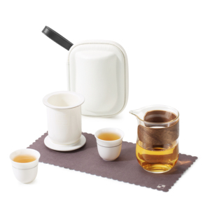 Bonston 2024 Portable Wood Handle Glass &amp; Porcelain <strong>Teapot</strong> <strong>Set</strong> Two Cups Minimalist Eco-Friendly Design Includes Case for Travel - Product Image 1
