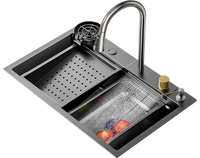 Évier de cuisine moderne à cuve unique carrée en acier inoxydable 304 multifonction à encastrer noir ultrasonique
