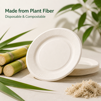 Assiettes compostables à bords côtelés en bagasse de canne à sucre, biodégradables, pour la restauration en gros