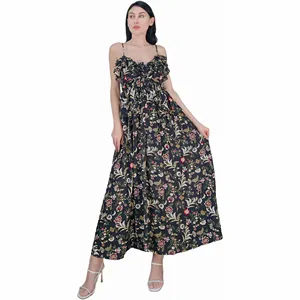 Personalizado de alta moda isla mujer de una pieza señoras negro elegante correa de bambú formal Maxi casual floral vestidos largos de verano